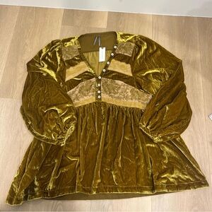 Anthropologie Velvet Blouse with Lace in Mustard